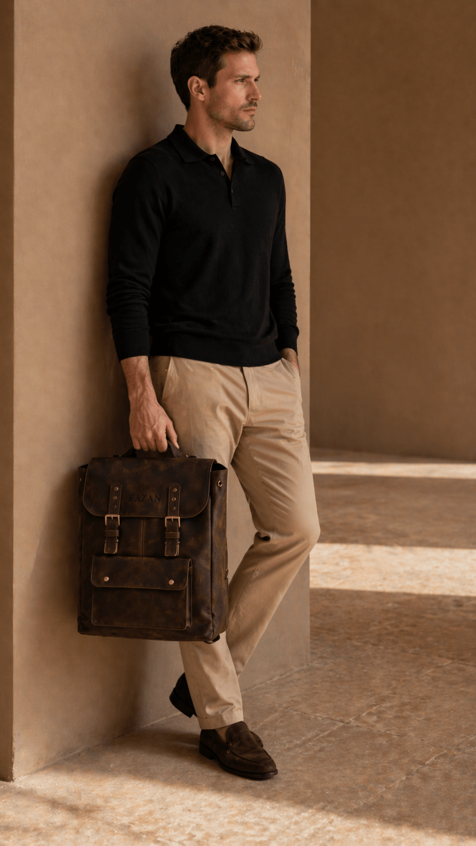 Model mit Kazan Rucksack in der Hand